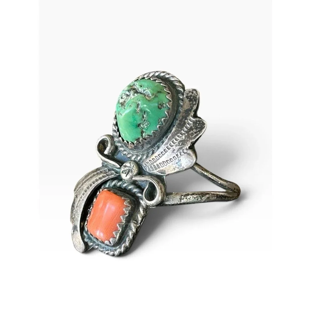 Vintage Sterling Silver Turquoise Coral Ring Southwestern Native Style Size 7.5
